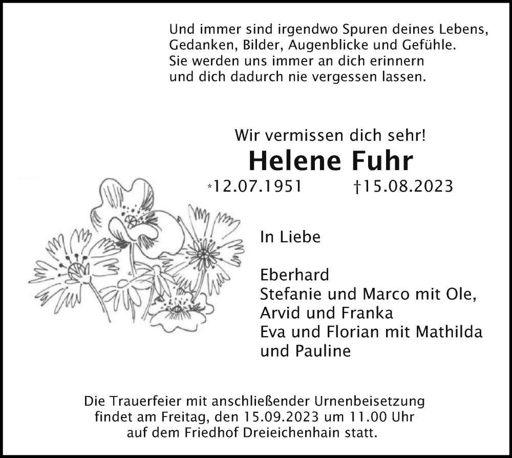  Traueranzeige für Helene Fuhr vom 07.09.2023 aus OF