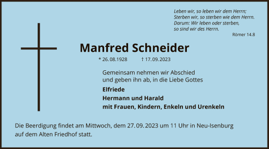 Traueranzeige von Manfred Schneider von OF