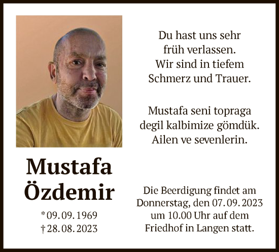 Traueranzeige von Mustafa Özdemir von OF
