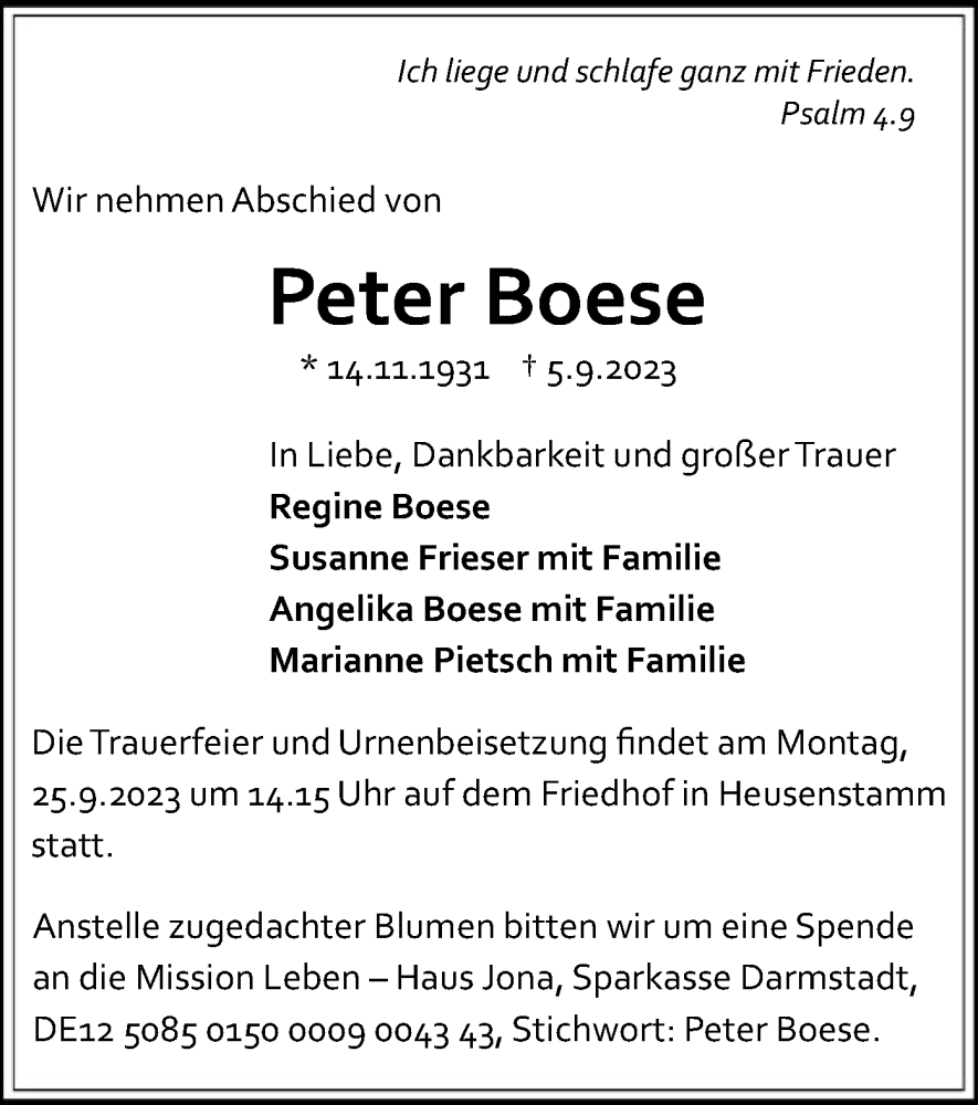  Traueranzeige für Peter Boese vom 20.09.2023 aus OF