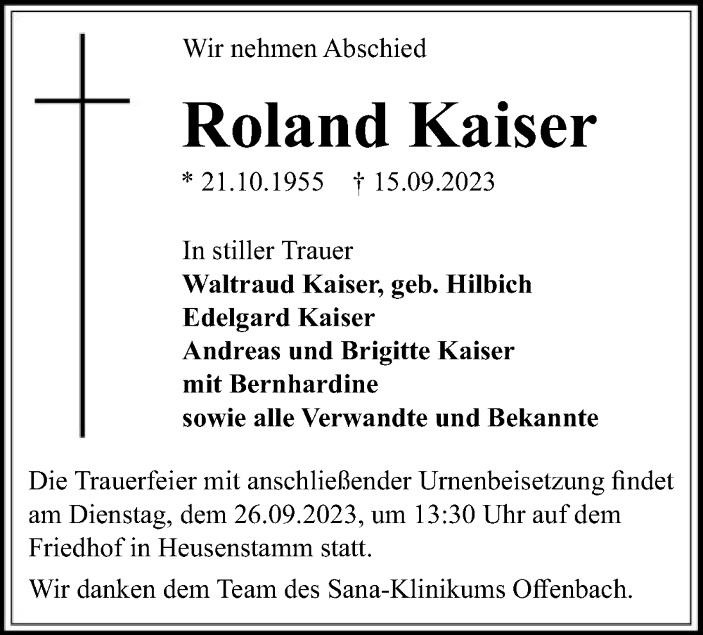  Traueranzeige für Roland Kaiser vom 20.09.2023 aus OF