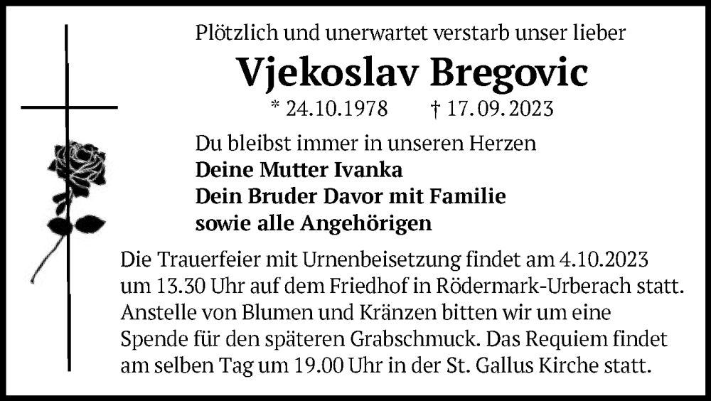 Traueranzeige für Vjekoslav Bregovic vom 27.09.2023 aus OF