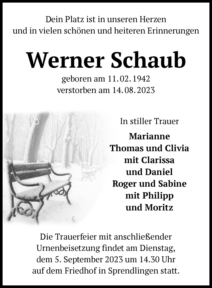  Traueranzeige für Werner Schaub vom 02.09.2023 aus OF