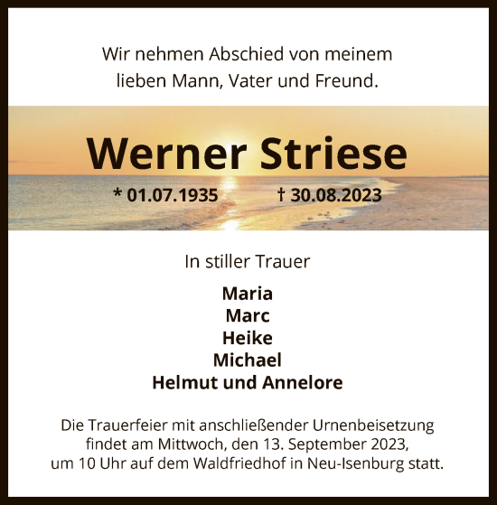 Traueranzeige von Werner Striese von OF