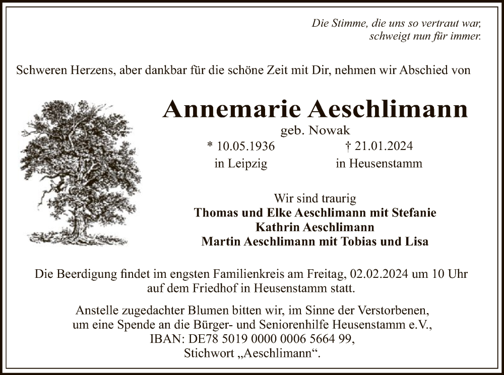  Traueranzeige für Annemarie Aeschlimann vom 27.01.2024 aus OF
