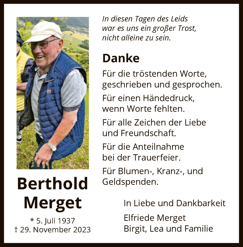  Traueranzeige für Berthold Merget vom 20.01.2024 aus OF