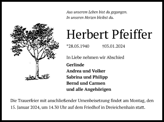 Traueranzeige von Herbert Pfeiffer von OF