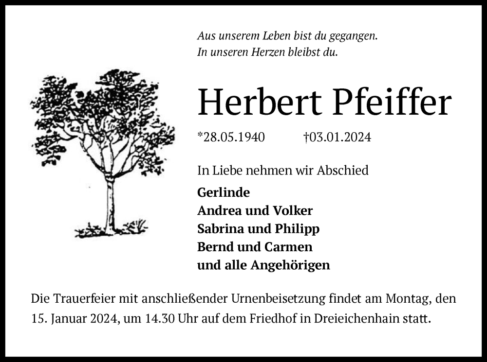  Traueranzeige für Herbert Pfeiffer vom 13.01.2024 aus OF