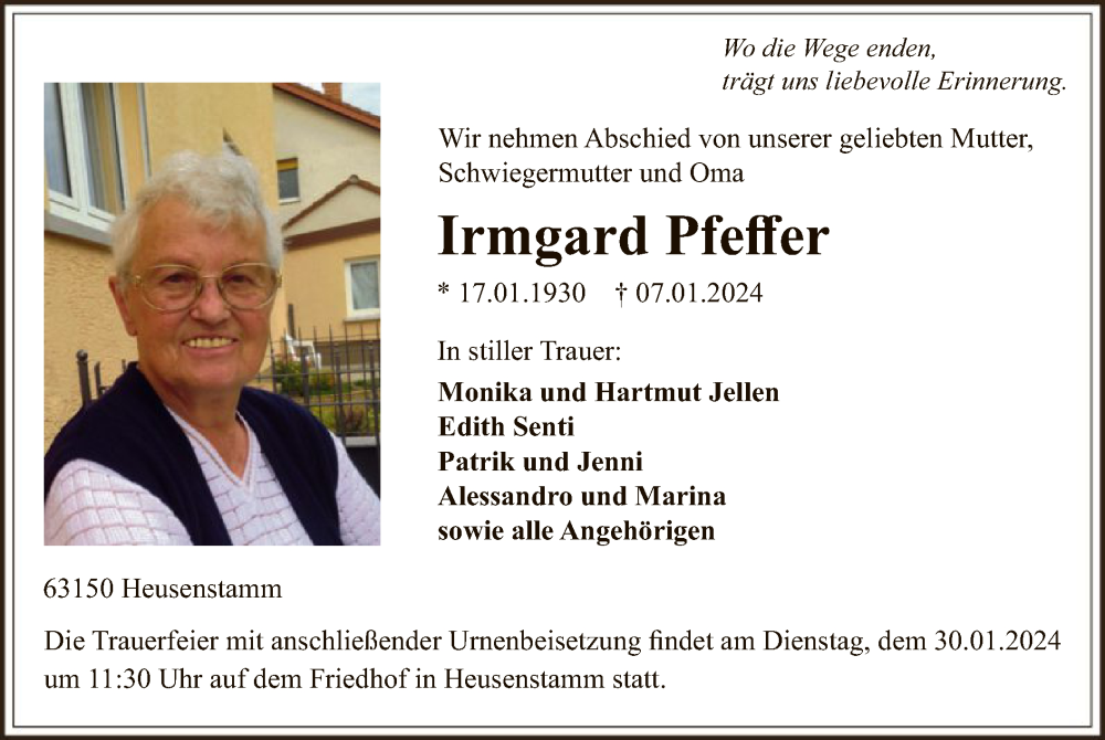  Traueranzeige für Irmgard Pfeffer vom 20.01.2024 aus OF