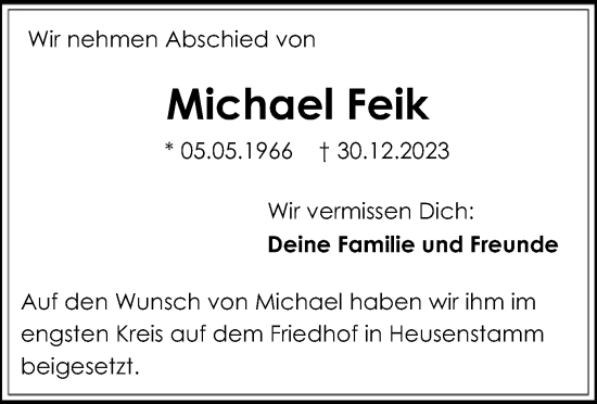Traueranzeige von Michael Feik von OF