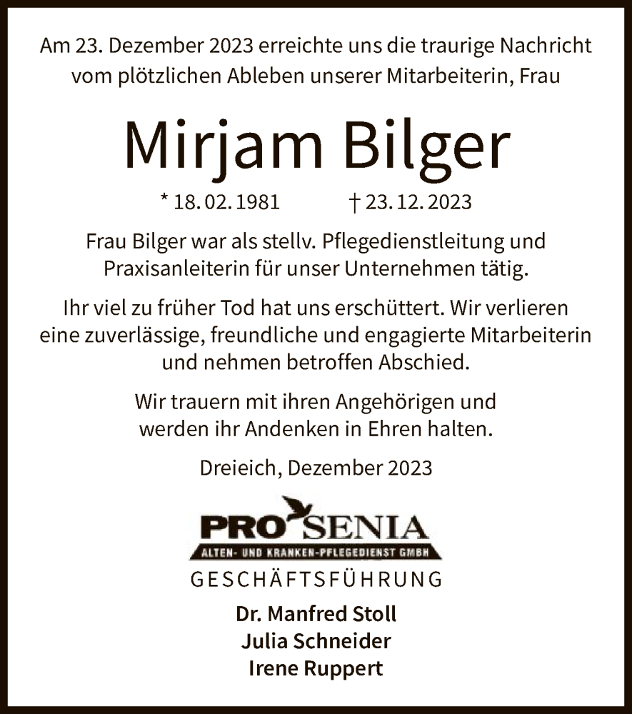  Traueranzeige für Mirjam Bilger vom 06.01.2024 aus OF