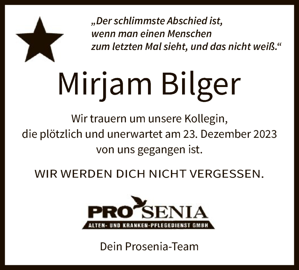  Traueranzeige für Mirjam Bilger vom 06.01.2024 aus OF