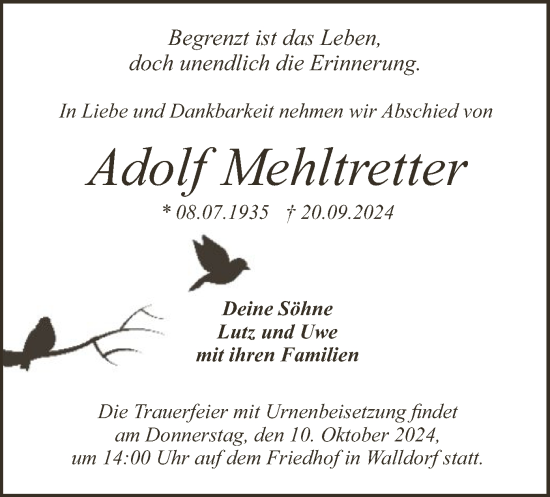 Traueranzeige von Adolf Mehltretter von OF