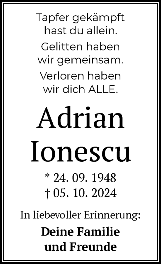 Traueranzeige von Adrian Ionescu von OF