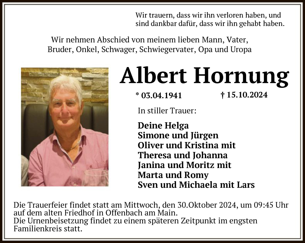  Traueranzeige für Albert Hornung vom 26.10.2024 aus OF
