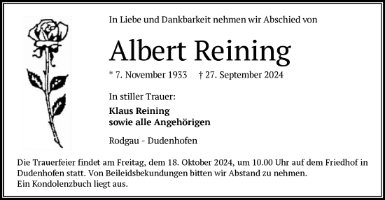 Traueranzeige von Albert Reining von OF