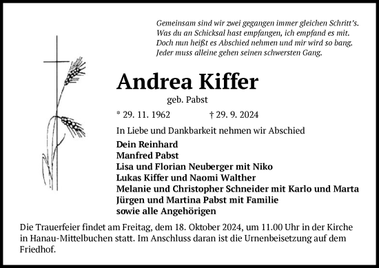Traueranzeige von Andrea Kiffer von OF