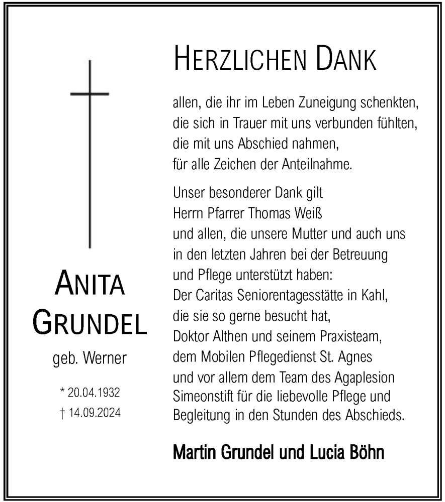  Traueranzeige für Anita Grundel vom 05.10.2024 aus OF