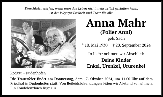 Traueranzeige von Anna Mahr von OF
