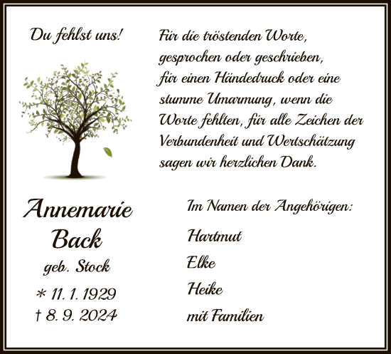 Traueranzeige von Annemarie Back von OF