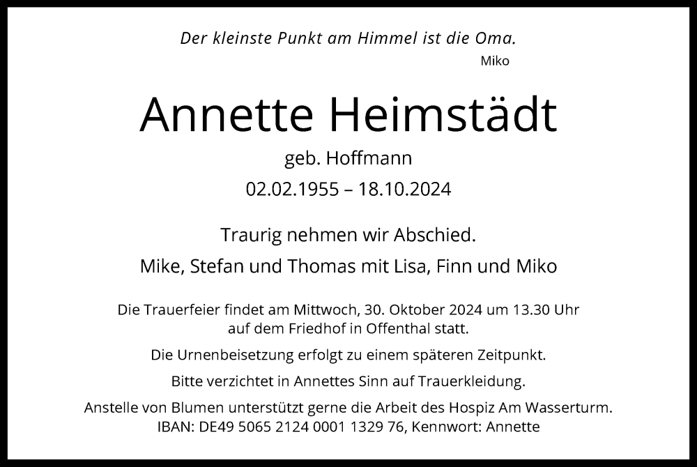  Traueranzeige für Annette Heimstädt vom 26.10.2024 aus OF