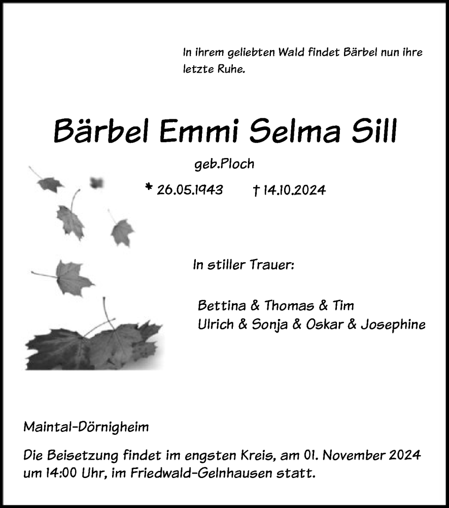  Traueranzeige für Bärbel Emmi Selma Sill vom 30.10.2024 aus OF