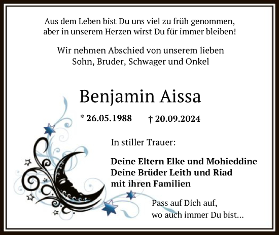 Traueranzeige von Benjamin Aissa von OF