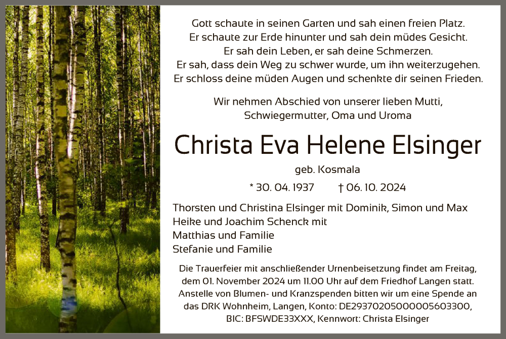  Traueranzeige für Christa Eva Helene Elsinger vom 26.10.2024 aus OF