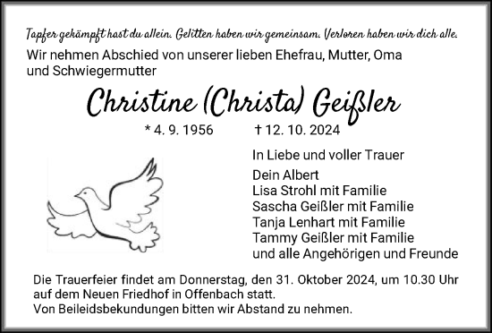 Traueranzeige von Christine Geißler von OF