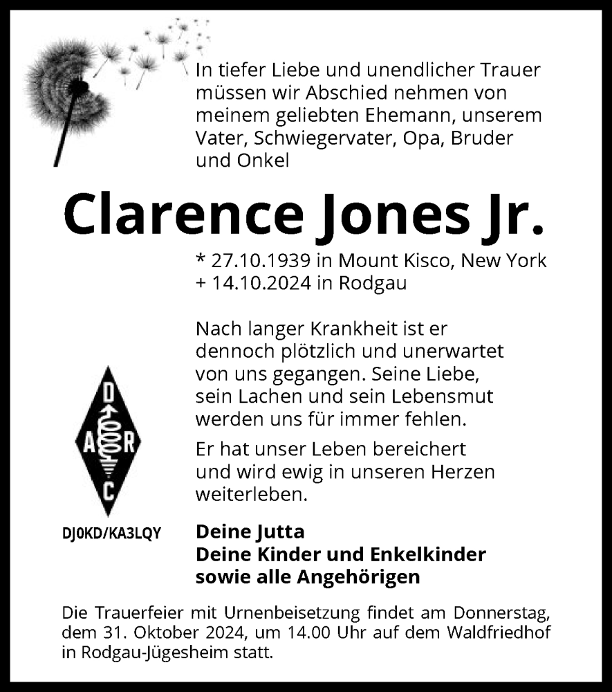  Traueranzeige für Clarence Jones Jr. vom 26.10.2024 aus OF