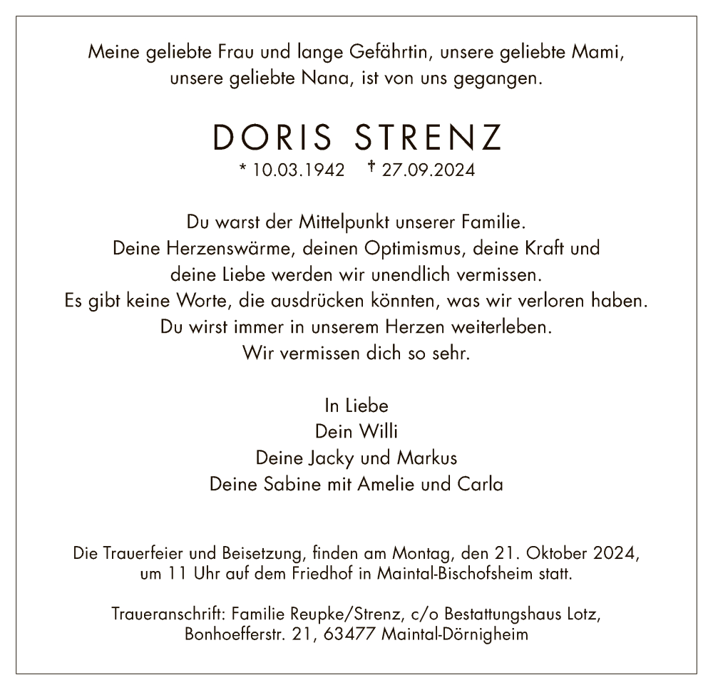  Traueranzeige für Doris Strenz vom 12.10.2024 aus OF