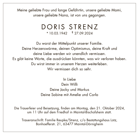 Traueranzeige von Doris Strenz von OF
