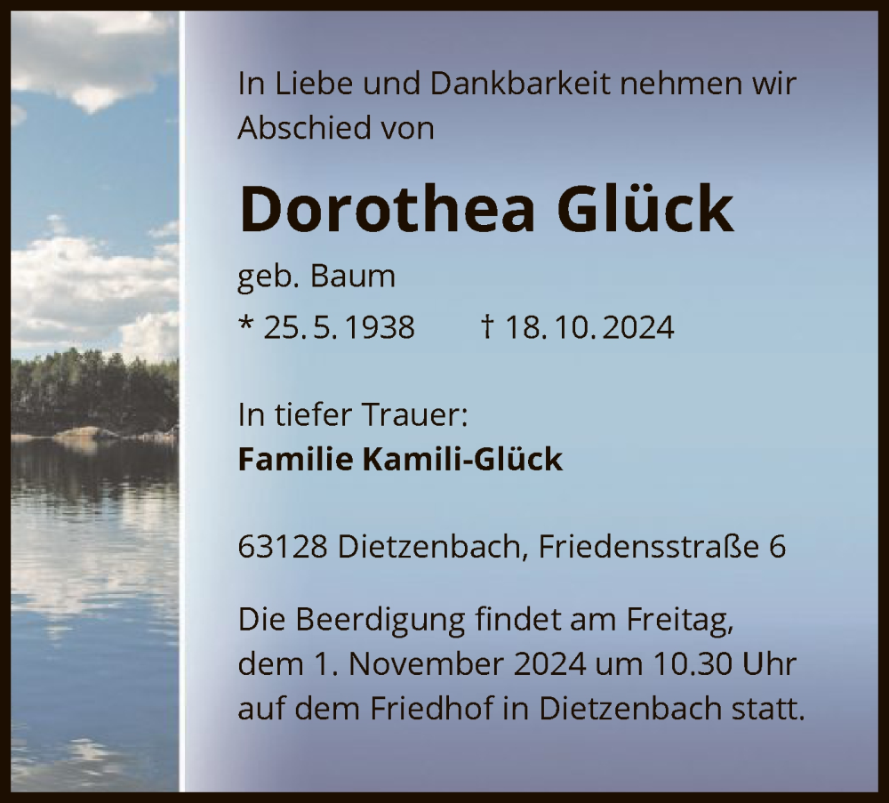  Traueranzeige für Dorothea Glück vom 30.10.2024 aus OF