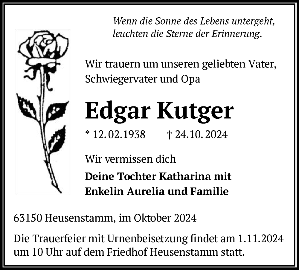  Traueranzeige für Edgar Kutger vom 30.10.2024 aus OF