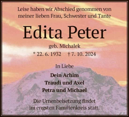 Traueranzeige von Edita Peter von OF
