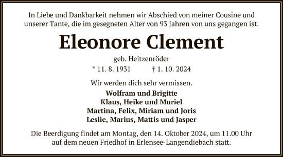 Traueranzeige von Eleonore Clement von OF