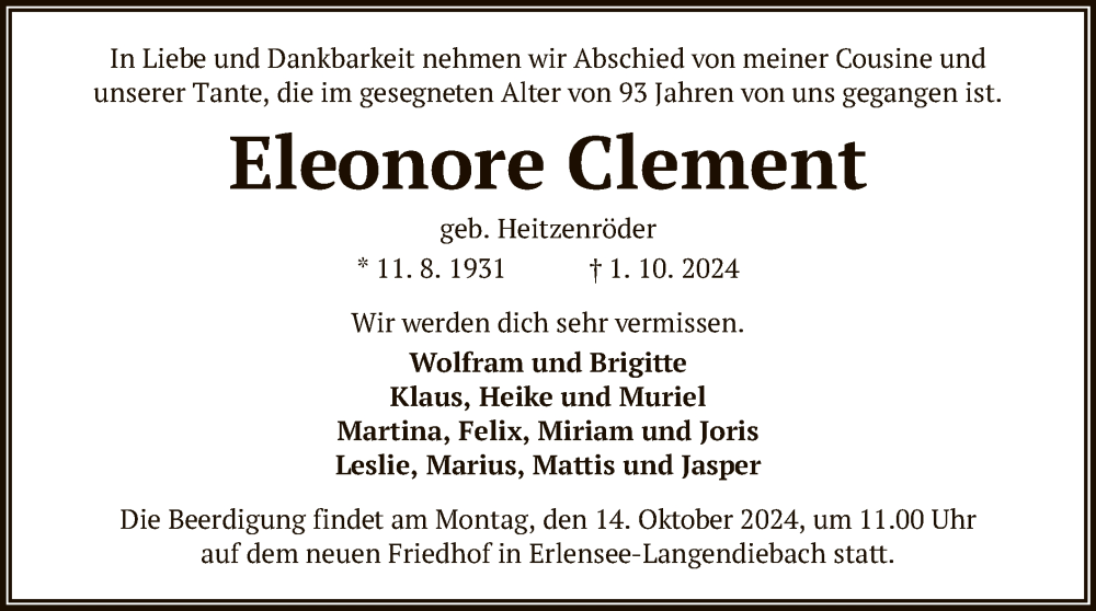  Traueranzeige für Eleonore Clement vom 09.10.2024 aus OF
