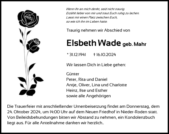 Traueranzeige von Elsbeth Wade von OF