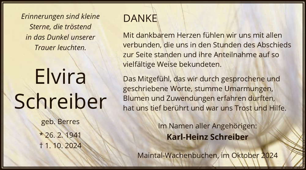  Traueranzeige für Elvira Schreiber vom 26.10.2024 aus OF