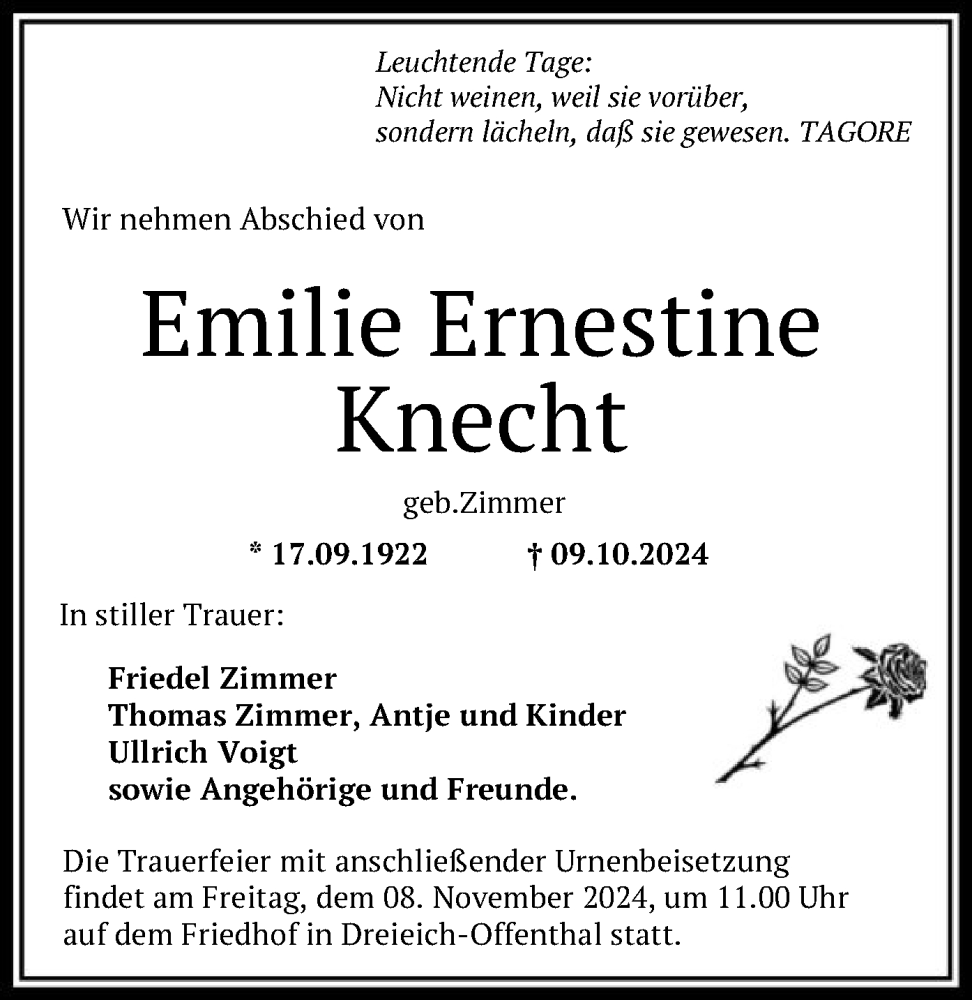  Traueranzeige für Emilie Ernestine Knecht vom 26.10.2024 aus OF