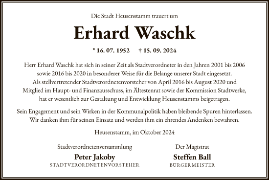 Traueranzeige von Erhard Waschk von OF