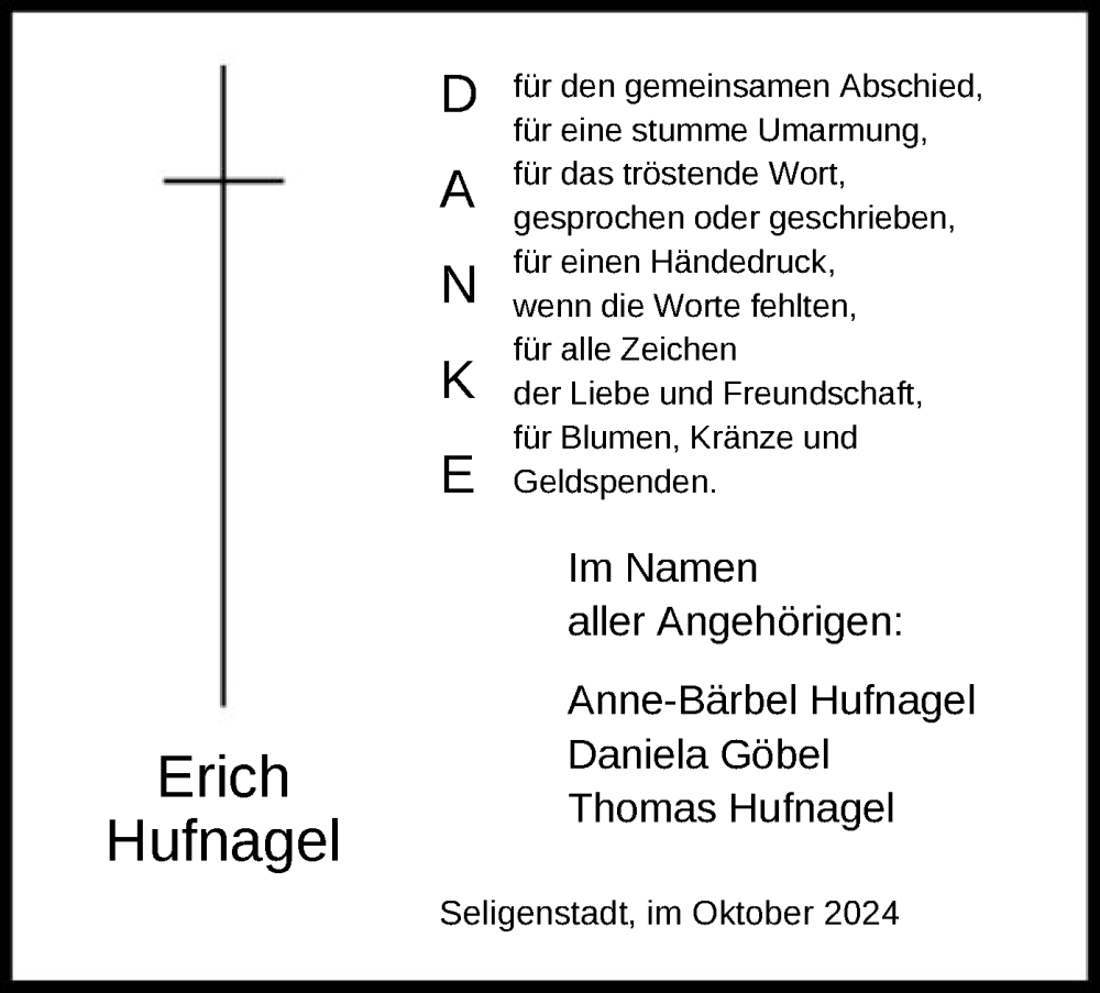  Traueranzeige für Erich Hufnagel vom 05.10.2024 aus OF