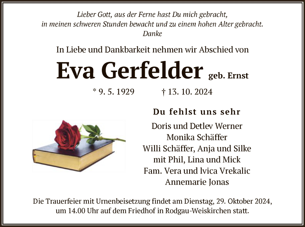  Traueranzeige für Eva Gerfelder vom 26.10.2024 aus OF