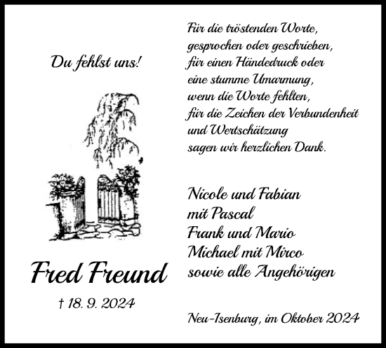 Traueranzeige von Fred Freund von OF