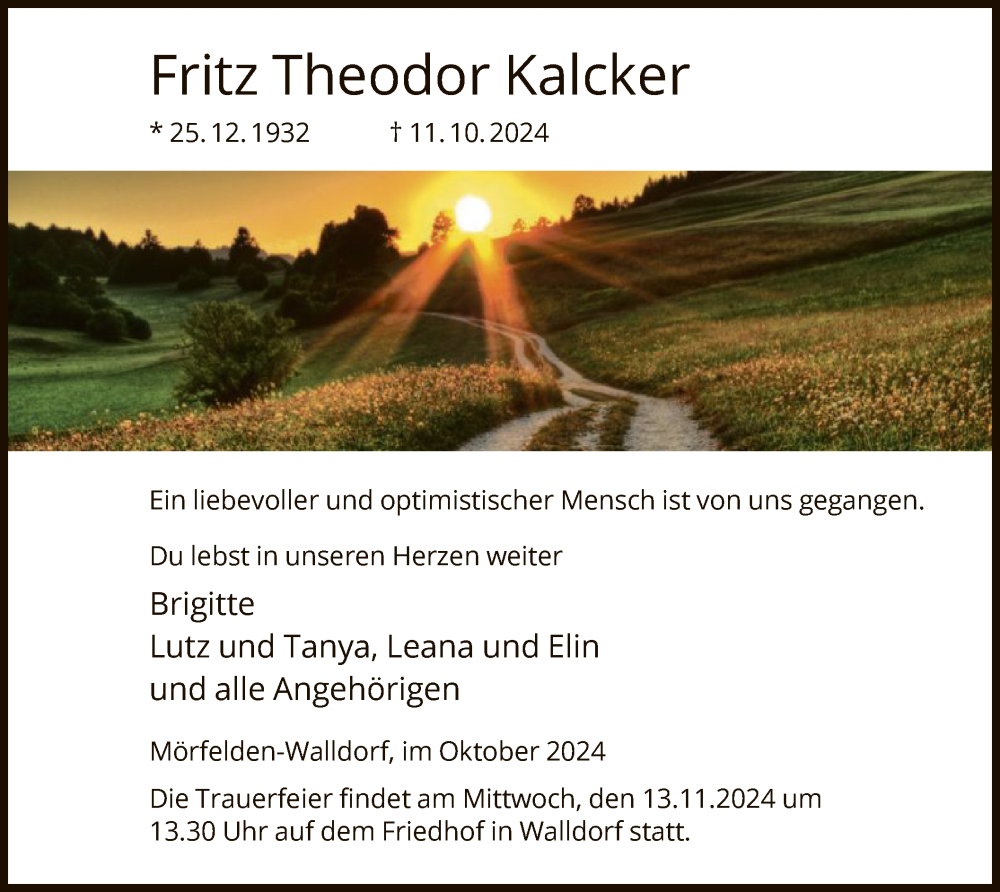  Traueranzeige für Fritz Theodor Kalcker vom 25.10.2024 aus OF
