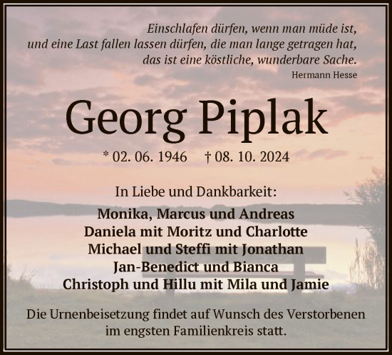Traueranzeige von Georg Piplak von OF
