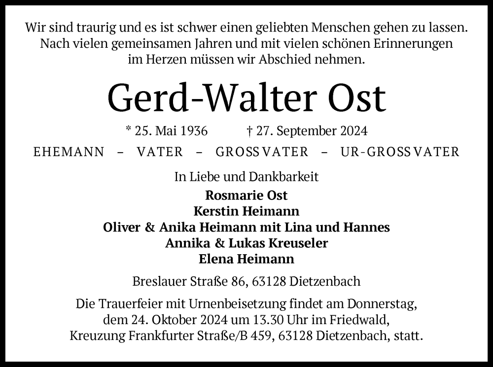  Traueranzeige für Gerd-Walter Ost vom 05.10.2024 aus OF