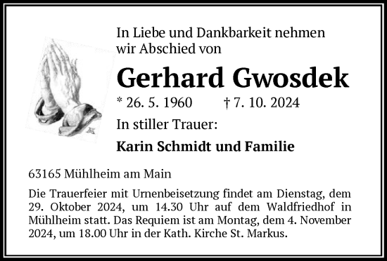 Traueranzeige von Gerhard Gwosdek von OF