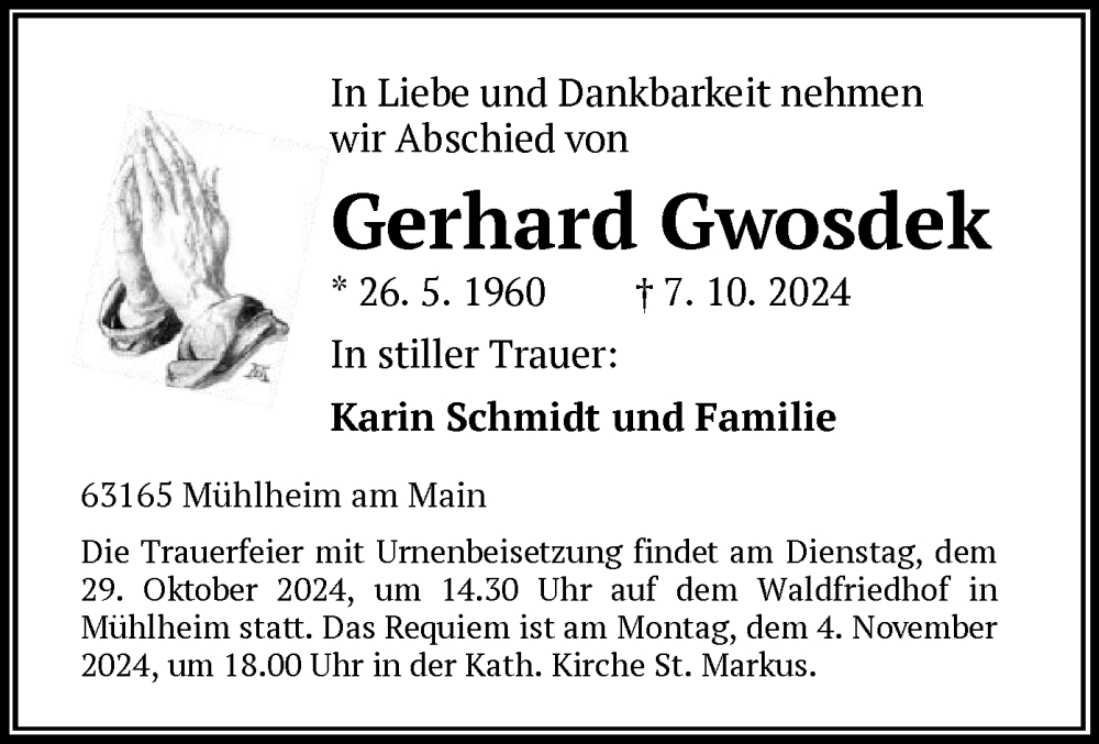  Traueranzeige für Gerhard Gwosdek vom 19.10.2024 aus OF