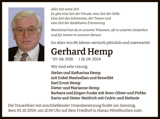 Traueranzeige von Gerhard Hemp von OF